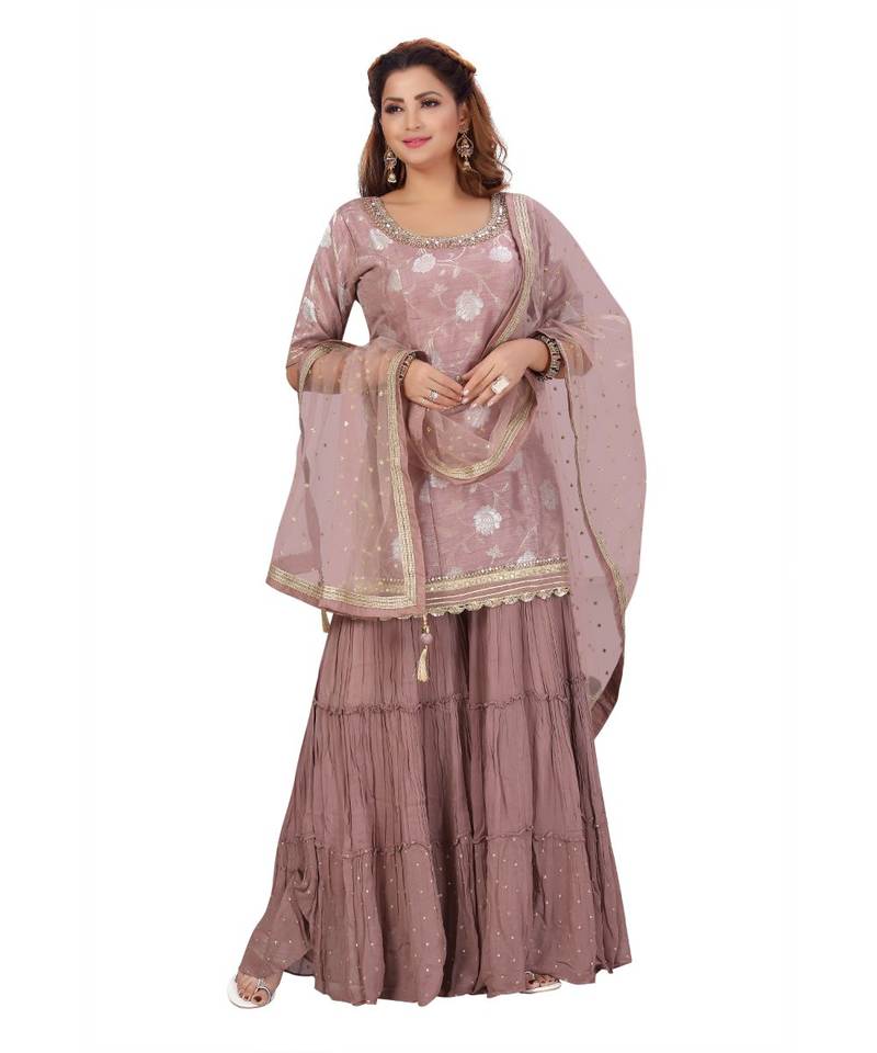 Dusty Peach Color Self Jacquard Kurta Georgette Garara Net Dupatta Hand Work Neckline