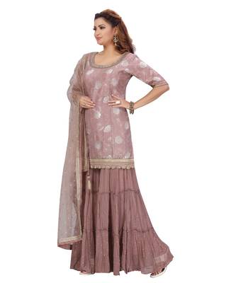 Dusty Peach Color Self Jacquard Kurta Georgette Garara Net Dupatta Hand Work Neckline 3