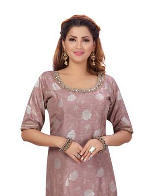 Dusty Peach Color Self Jacquard Kurta Georgette Garara Net Dupatta Hand Work Neckline 4