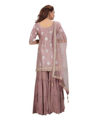 Dusty Peach Color Self Jacquard Kurta Georgette Garara Net Dupatta Hand Work Neckline 5
