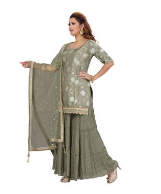 Olive Green Color Self Jacquard Kurta Georgette Garara Net Dupatta Hand Work Neckline 1