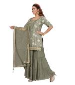 Olive Green Color Self Jacquard Kurta Georgette Garara Net Dupatta Hand Work Neckline