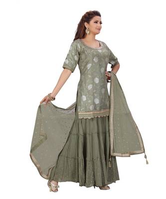 Olive Green Color Self Jacquard Kurta Georgette Garara Net Dupatta Hand Work Neckline 2