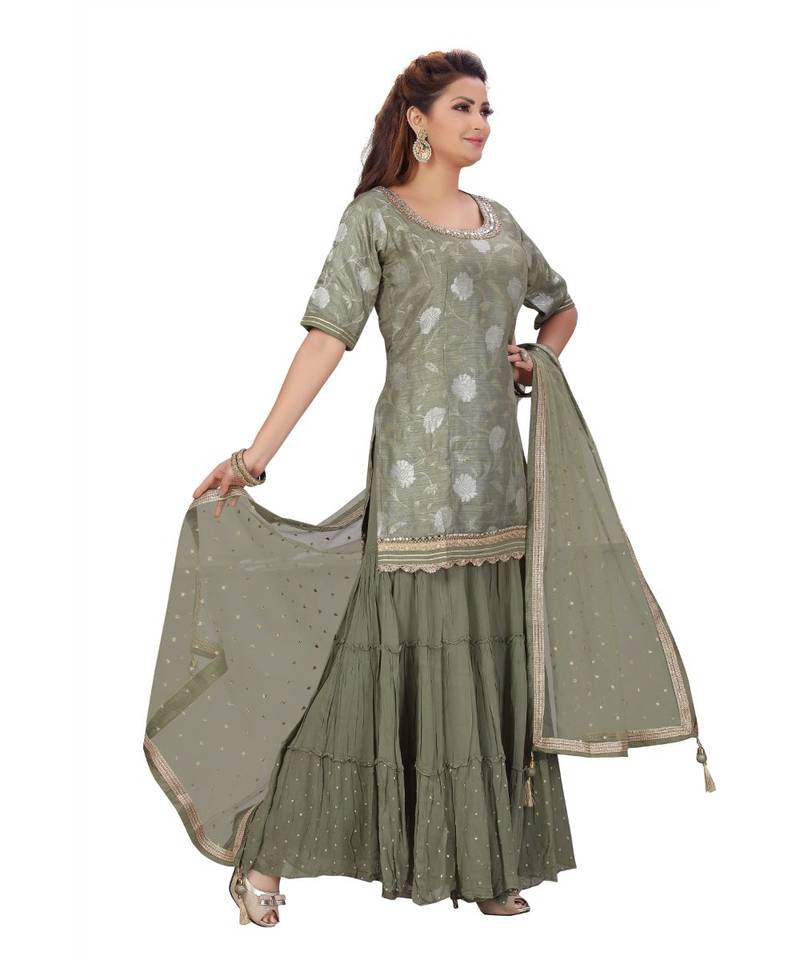 Olive Green Color Self Jacquard Kurta Georgette Garara Net Dupatta Hand Work Neckline
