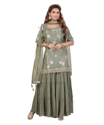 Olive Green Color Self Jacquard Kurta Georgette Garara Net Dupatta Hand Work Neckline 3