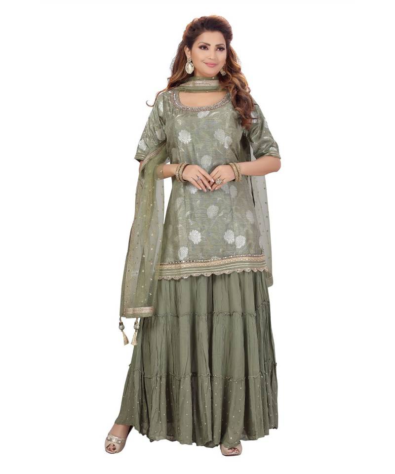 Olive Green Color Self Jacquard Kurta Georgette Garara Net Dupatta Hand Work Neckline