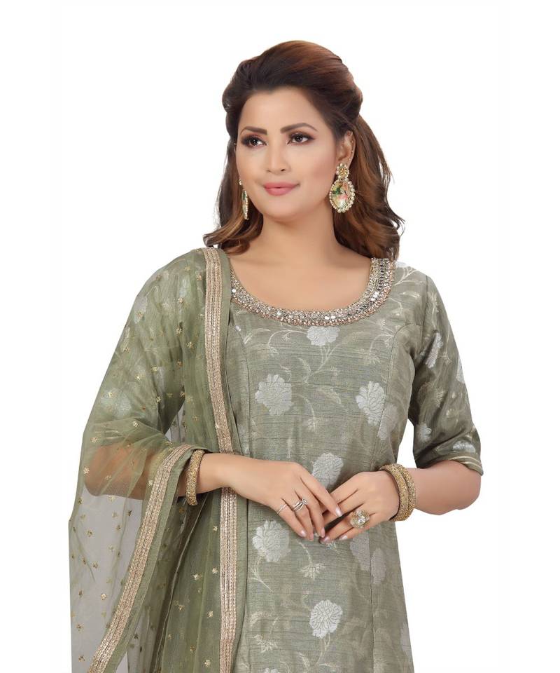 Olive Green Color Self Jacquard Kurta Georgette Garara Net Dupatta Hand Work Neckline