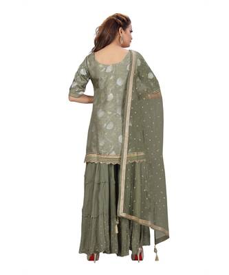 Olive Green Color Self Jacquard Kurta Georgette Garara Net Dupatta Hand Work Neckline 5
