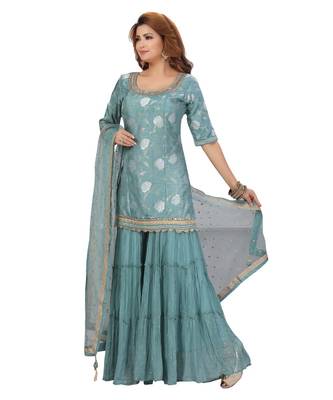 Terquies Color Self Jacquard Kurta Georgette Garara Net Dupatta Hand Work Neckline 1