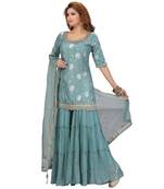 Terquies Color Self Jacquard Kurta Georgette Garara Net Dupatta Hand Work Neckline