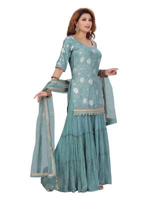 Terquies Color Self Jacquard Kurta Georgette Garara Net Dupatta Hand Work Neckline 2