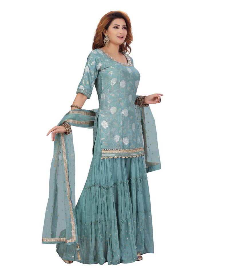 Terquies Color Self Jacquard Kurta Georgette Garara Net Dupatta Hand Work Neckline