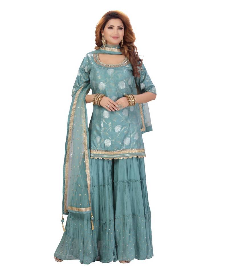 Terquies Color Self Jacquard Kurta Georgette Garara Net Dupatta Hand Work Neckline