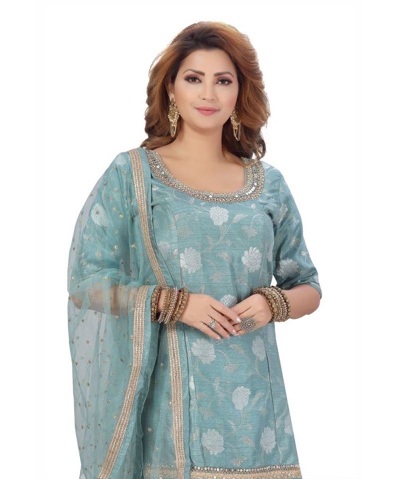 Terquies Color Self Jacquard Kurta Georgette Garara Net Dupatta Hand Work Neckline