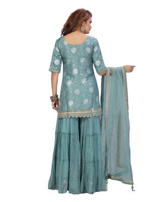 Terquies Color Self Jacquard Kurta Georgette Garara Net Dupatta Hand Work Neckline 5