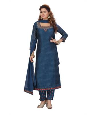 BLUE COLOR CHANDERI PANT SET EMBELLISHED WORK WITH STONE kurti  1
