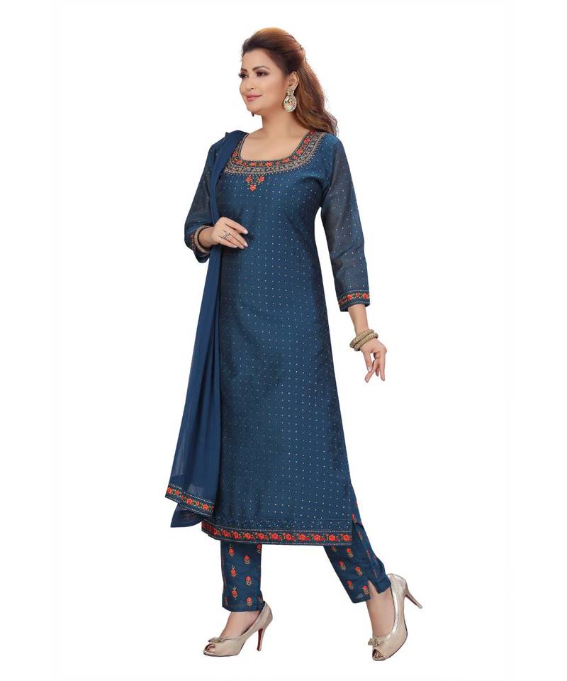 BLUE COLOR CHANDERI PANT SET EMBELLISHED WORK WITH STONE kurti 