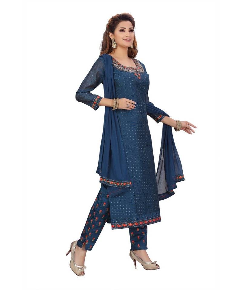 BLUE COLOR CHANDERI PANT SET EMBELLISHED WORK WITH STONE kurti 