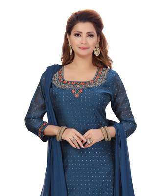 BLUE COLOR CHANDERI PANT SET EMBELLISHED WORK WITH STONE kurti  4