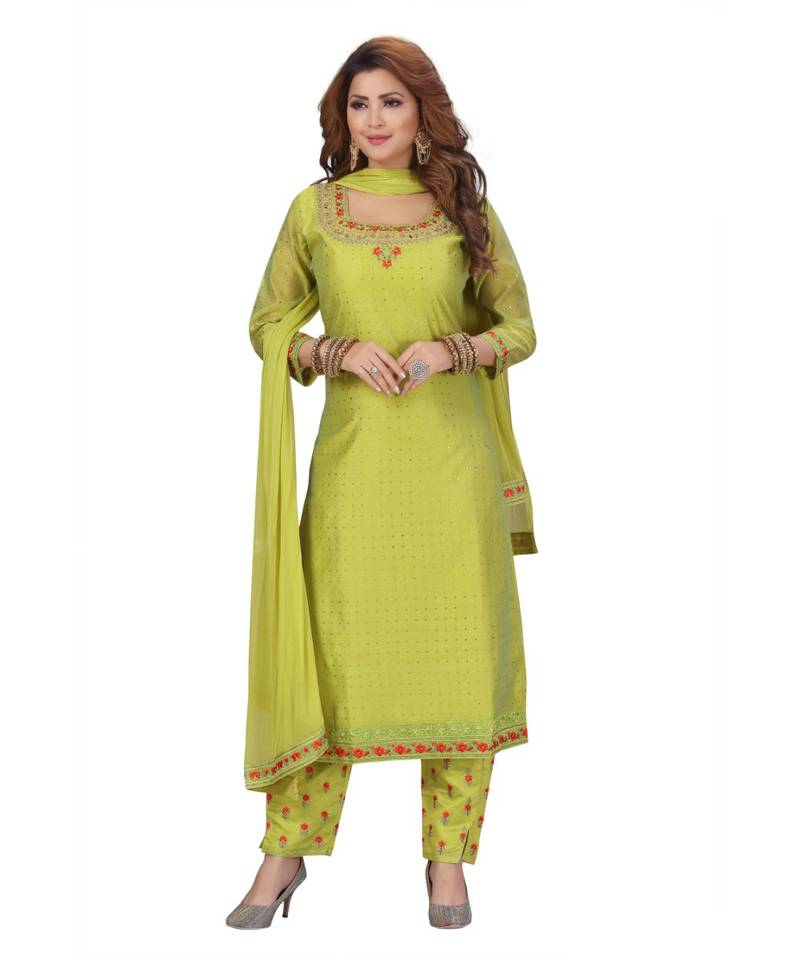 GREEN COLOR CHANDERI PANT SET EMBELLISHED WORK WITH STONE kurti 