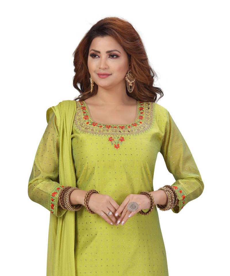 BEIGE COLOR CHANDERI PANT SET EMBELLISHED WORK WITH STONE kurti