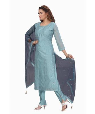 SKY BLUE COLOR CHANDERI PANT SET WITH EMBELLISHED WORK WITH SEQUENCE kurti  1