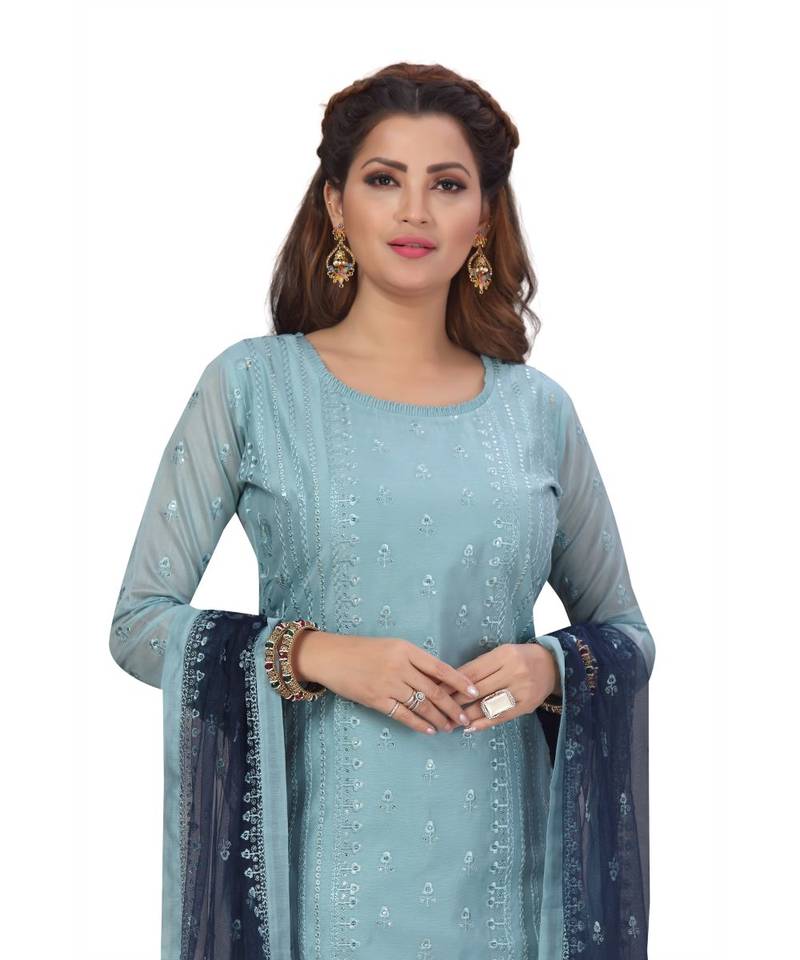 SKY BLUE COLOR CHANDERI PANT SET WITH EMBELLISHED WORK WITH SEQUENCE kurti 
