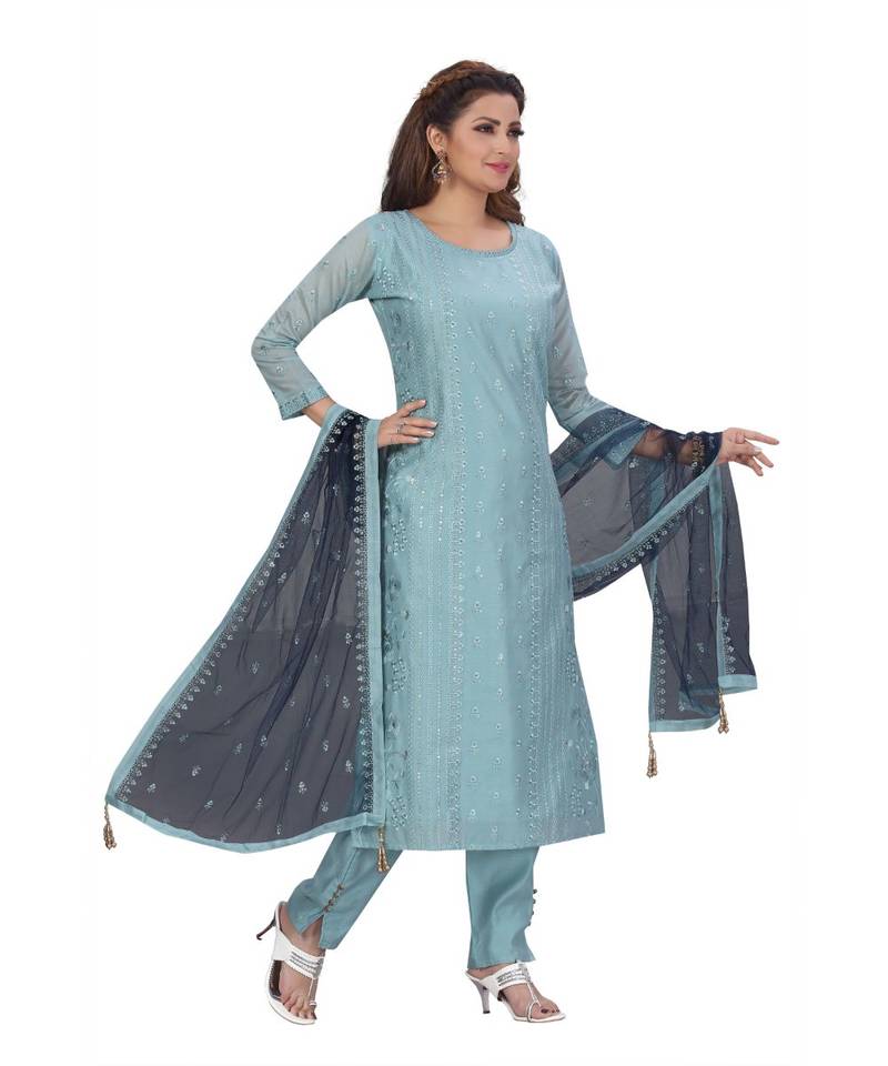 SKY BLUE COLOR CHANDERI PANT SET WITH EMBELLISHED WORK WITH SEQUENCE kurti 