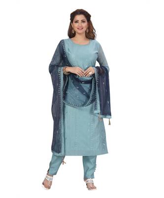 SKY BLUE COLOR CHANDERI PANT SET WITH EMBELLISHED WORK WITH SEQUENCE kurti  5