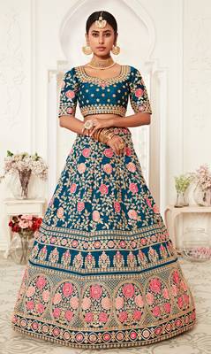 Rama Blue Zari Sequins And Thread Embroidered Slub Silk Lehenga Choli For Bride 6