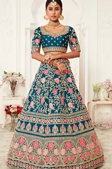 Rama Blue Zari Sequins And Thread Embroidered Slub Silk Lehenga Choli For Bride