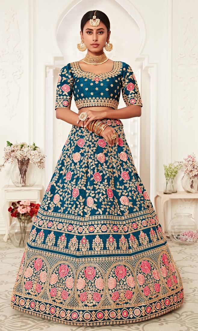 Rama Blue Zari Sequins And Thread Embroidered Slub Silk Lehenga Choli For Bride
