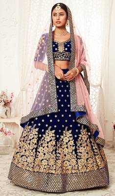 Alluring Navy-Blue Zari Sequins And Thread Embroidered Velvet Lehenga Choli For Bridal 6