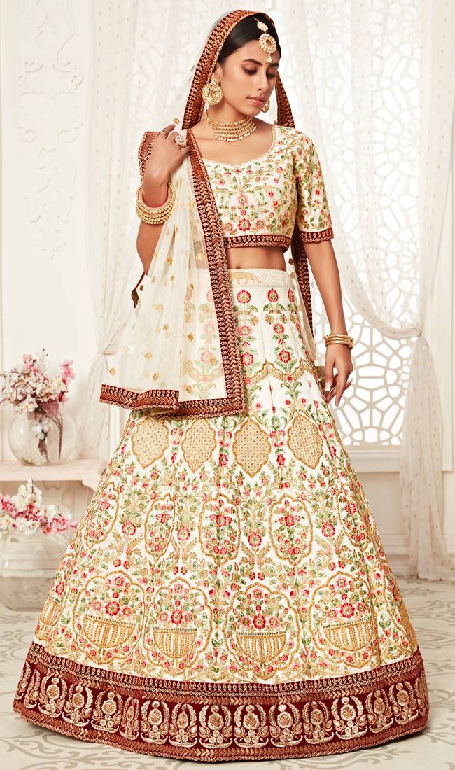 Cream Art Silk Thread and Zari Embroidered Lehenga Choli 