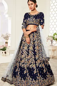  Navy-Blue Zari Sequins And Thread Embroidered Velvet Lehenga Choli For Bride