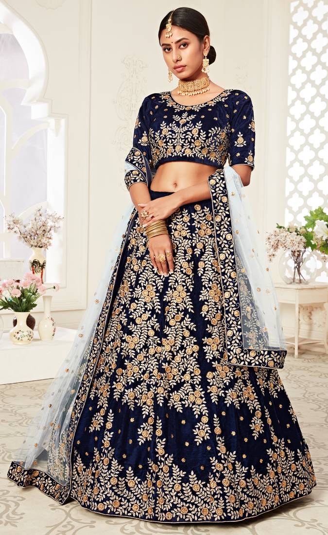  Navy-Blue Zari Sequins And Thread Embroidered Velvet Lehenga Choli For Bride