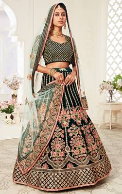Green Velvet Embroidered Lehenga with Thread Embroidered Blouse & Light Green Net Dupatta 6