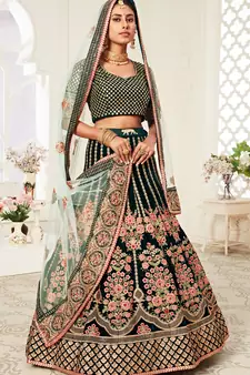 Green Velvet Embroidered Lehenga with Thread Embroidered Blouse & Light Green Net Dupatta