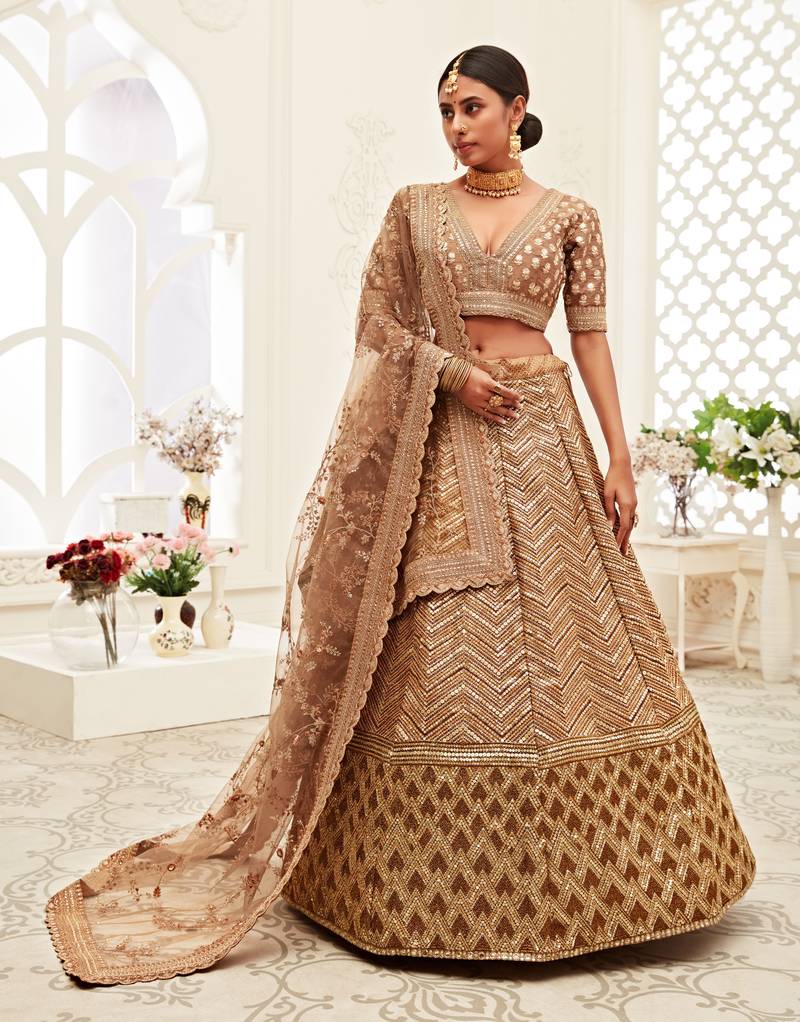 Brown Golden Sequins Embroidered Silk Lehenga Choli For Wedding