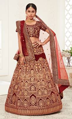 Dark Red Zari Sequins And Thread Embroidered Velvet Lehenga Choli For Wedding 6