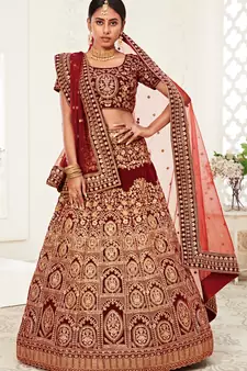 Dark Red Zari Sequins And Thread Embroidered Velvet Lehenga Choli For Wedding