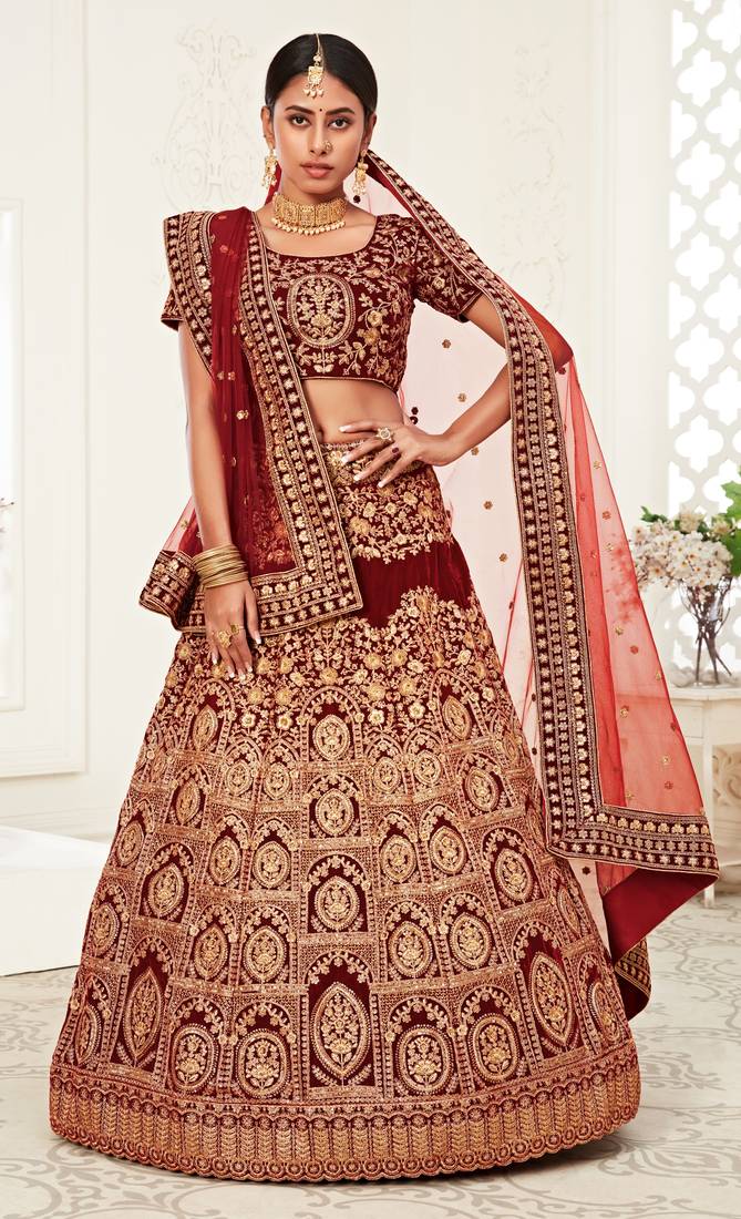 Mesmerizing Dark Red Zari, Sequins and Thread Embroidered Velvet Fabric Lehenga choli for Wedding