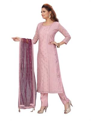 ONION COLOR CHANDERI PANT SET WITH EMBELLISHED WORK WITH SEQUENCE kurti  3