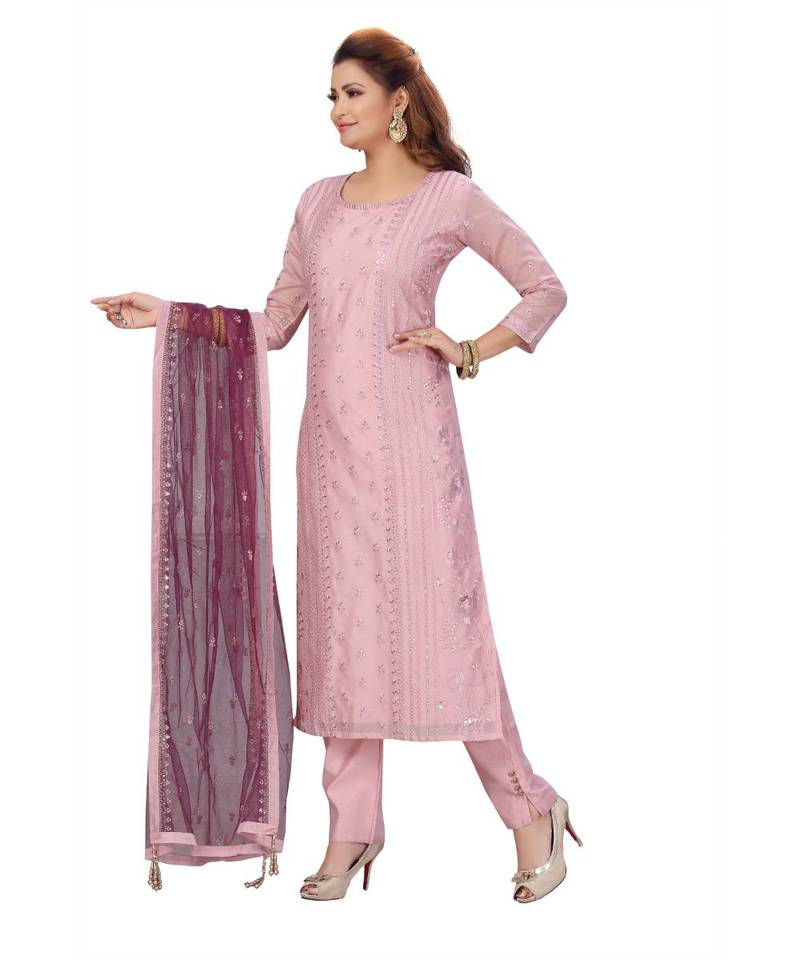 ONION COLOR CHANDERI PANT SET WITH EMBELLISHED WORK WITH SEQUENCE kurti 