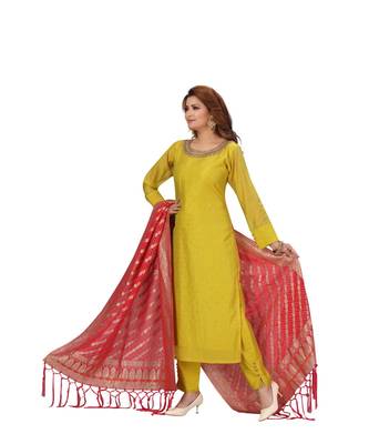 GREEN & FUSCHIA PINK COLOR SILK PANT SET HAND WORK NECKLINE FANCY GEORGETTE DUPATTA SELF MATCHINE WORK BUTTI kurti  1