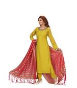 GREEN & FUSCHIA PINK COLOR SILK PANT SET HAND WORK NECKLINE FANCY GEORGETTE DUPATTA SELF MATCHINE WORK BUTTI kurti 