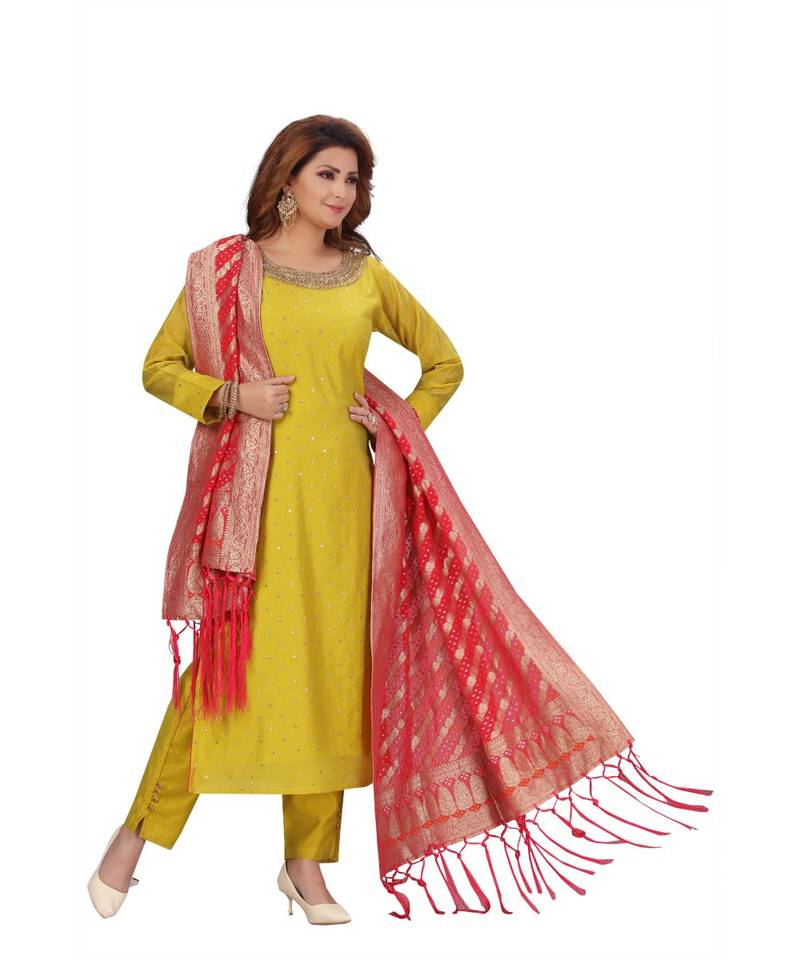 GREEN & FUSCHIA PINK COLOR SILK PANT SET HAND WORK NECKLINE FANCY GEORGETTE DUPATTA SELF MATCHINE WORK BUTTI kurti 