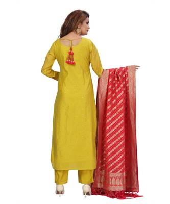 GREEN & FUSCHIA PINK COLOR SILK PANT SET HAND WORK NECKLINE FANCY GEORGETTE DUPATTA SELF MATCHINE WORK BUTTI kurti  3