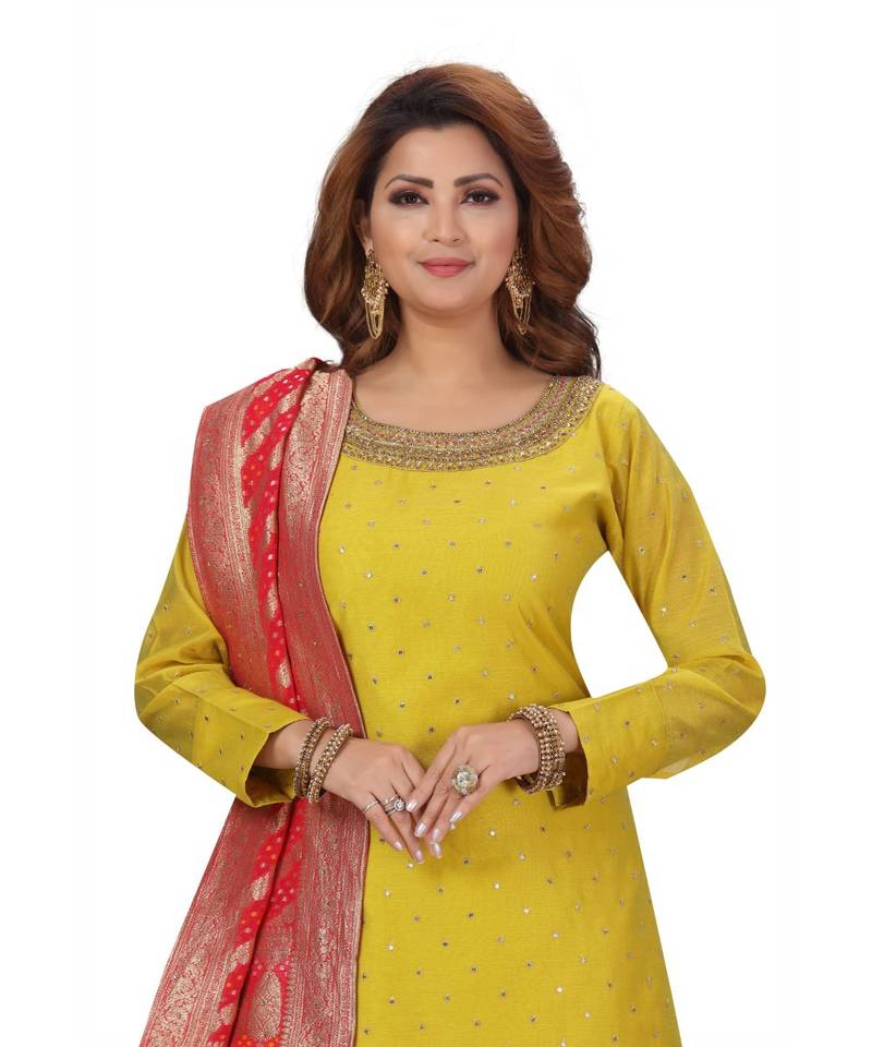 GREEN & FUSCHIA PINK COLOR SILK PANT SET HAND WORK NECKLINE FANCY GEORGETTE DUPATTA SELF MATCHINE WORK BUTTI kurti 