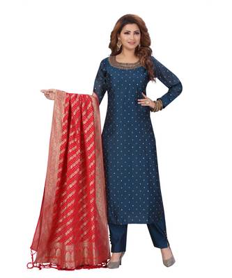 BLUE & FUSCHIA PINK COLOR SILK PANT SET HAND WORK NECKLINE FANCY GEORGETTE DUPATTA SELF MATCHINE WORK BUTTI kurti  1